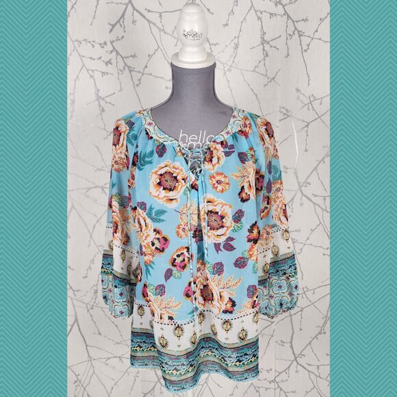 Fig & Flower Blue Floral Print Lace Up Sheer Peasant Tunic - Picture 1 of 5